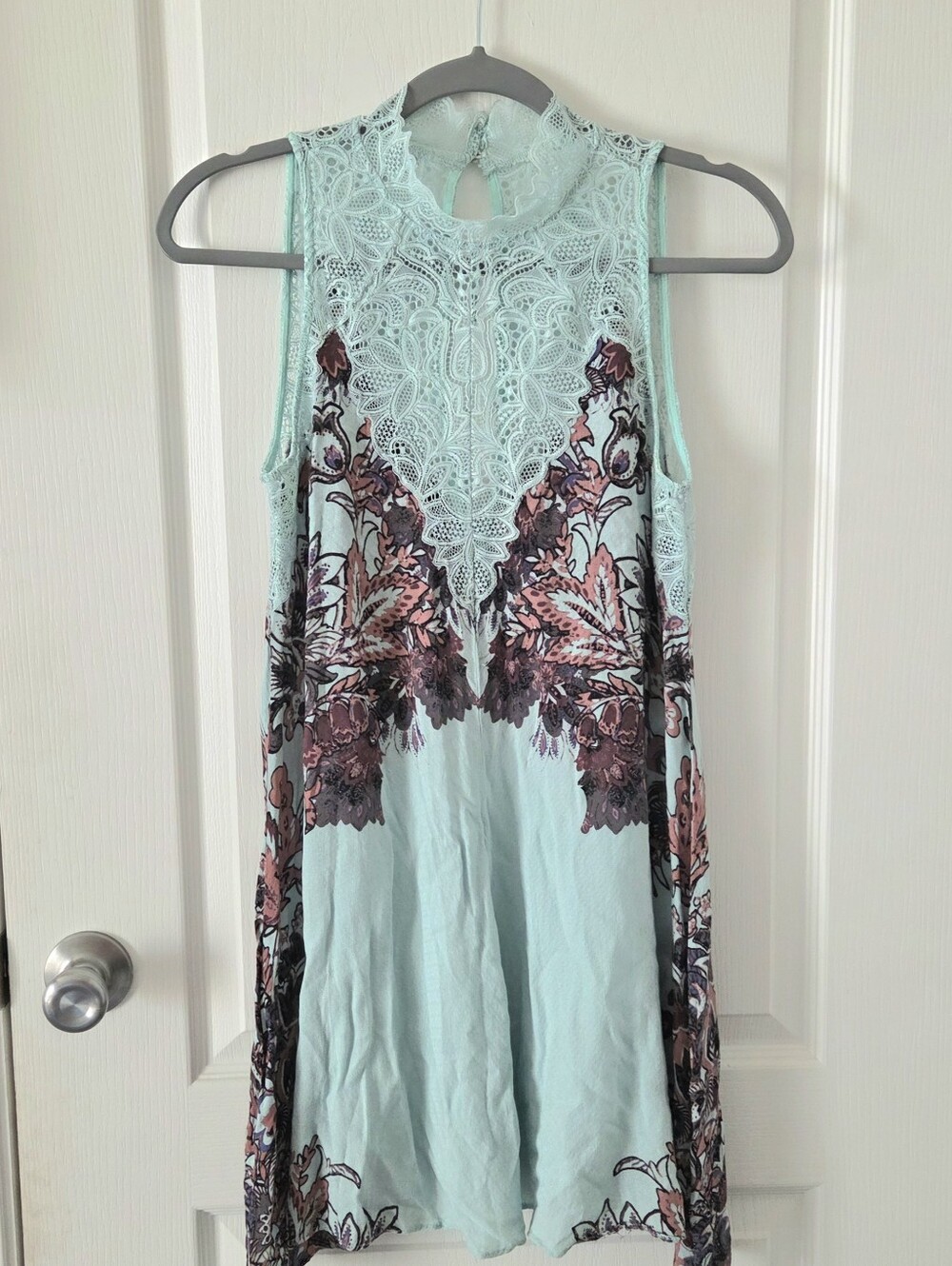 Free People Sleeveless Lace-Neck Floral Swing Dress in Light Blue and Mauve - Picture 2 of 2